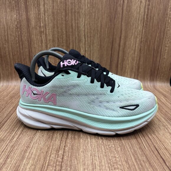 Hoka One One Clifton 9 Green Pink Women’s Athletic Running Shoes Size 7.5 B - Picture 1 of 9